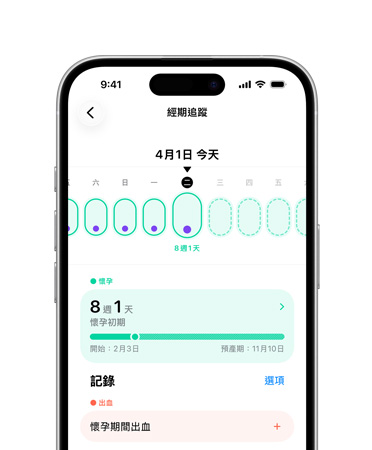 iPhone 展示健康 app 中的經期追蹤功能，已設定為追蹤孕期里程碑