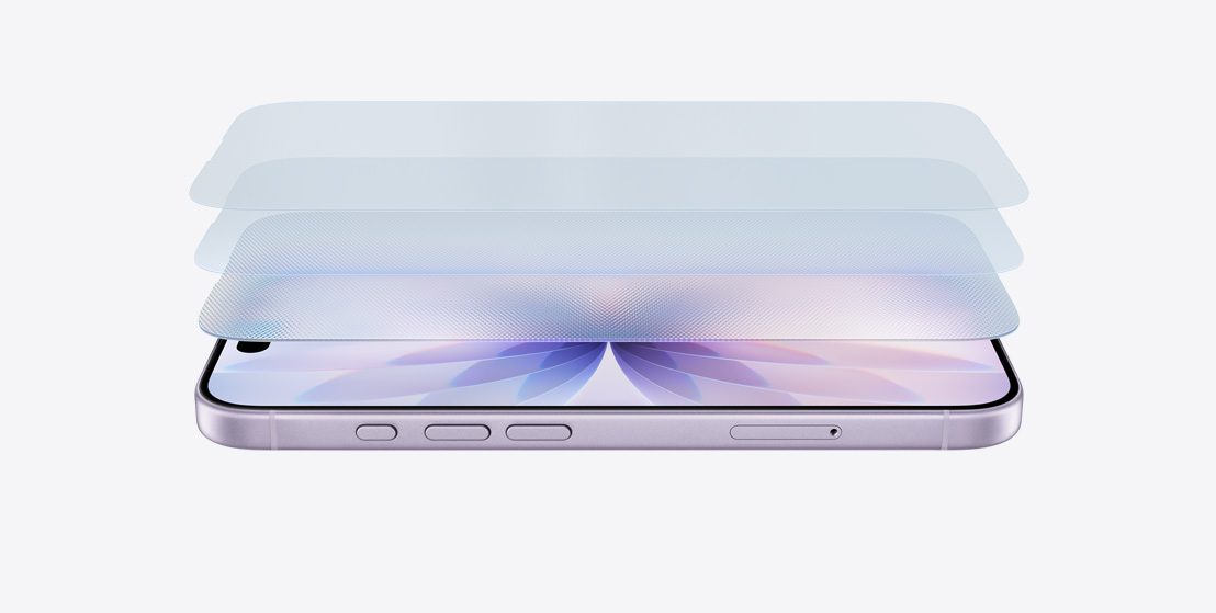 薰衣草紫色 iPhone 17 橫放展示側面，採用層層相疊的設計來展示超瓷晶盾 2