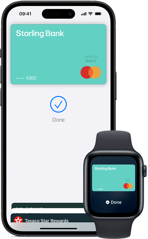 iPhone and Apple Watch screens show virtual Starling bank cards above a tick with text: Done, card colour is turquoise, Starling Bank written in top left, Mastercard logo bottom right