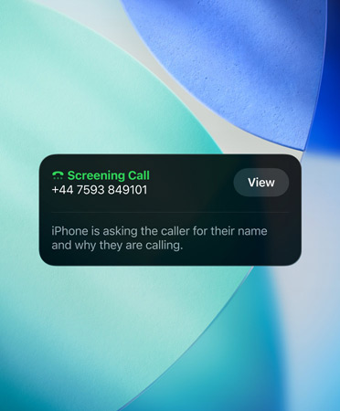 iPhone app widget showcasing Call Screening feature on an incoming call, new emerald blue, white and turquoise wallpaper set in the background