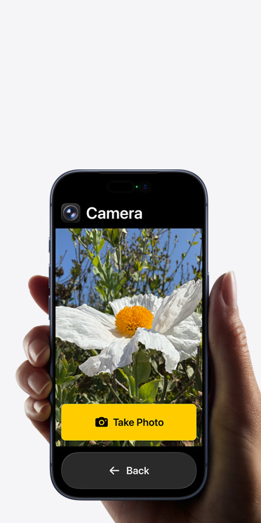iPhone 17 Pro screen showing simplified Camera app interface with a white flower in the frame, “Take Photo” button and “Back button below