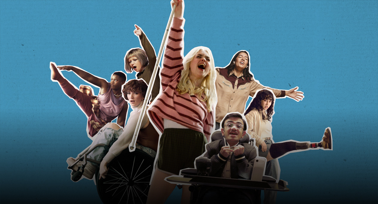 Une diversité d’étudiantes et étudiants, y compris une personne en fauteuil roulant, acclame, danse et prend des poses dynamiques sur un fond bleu.