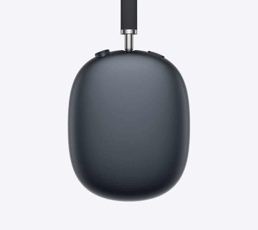 AirPods Max 2 headphones, side exterior, midnight color, detail of telescoping arm, ear cushion, Digital Crown and noise control button