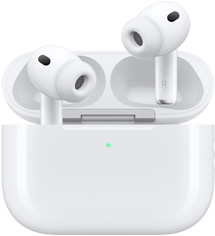 AirPods Pro 3 e custodia di ricarica MagSafe (USB‑C), design arrotondato, indicatore LED di alimentazione, coperchio aperto, colore bianco, auricolari wireless con cuscinetti in silicone, lettere L e R sulla parte interna dello stelo