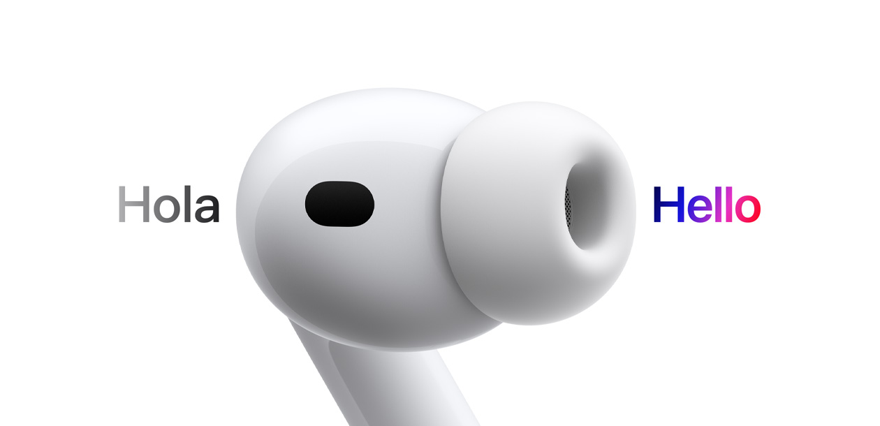 AirPods Pro 3, earbud with silicone tip, Live Translation changes Spanish characters reading 'hola' to English text reading 'hello'