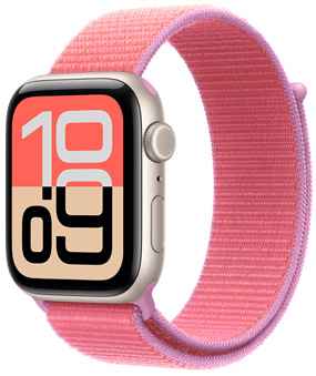 Apple Watch SE 3, aluminum case, starlight color, Flux watch face, right side exterior, Digital Crown, microphone, side button, Sport Loop band, bright guava color (hot pink with lavender edging), hook-and-loop fastener