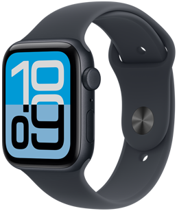 „Apple Watch SE 3“, aliuminio korpusas, vidurnakčio spalva, „Flux“ ciferblatas, dešinės pusės išorė, „Digital Crown“, mikrofonas, šoninis mygtukas, žvaigždžių šviesos spalvos sportinis dirželis, sidabrinė atlenkiamas ir prisegamas užsegimas