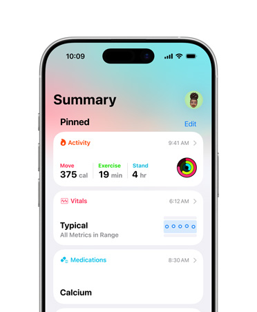 Pinned health summary on iPhone