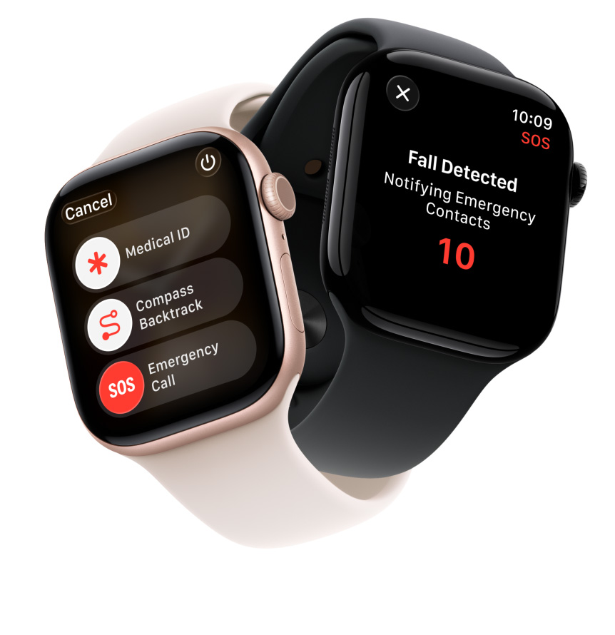 Rôzne Apple Watch Series 11, farby hliníkových krytov: ružové zlato a leštená temná čierna, bezpečnostné funkcie na displeji: Zdravotné ID, Návrat v apke Kompas, tiesňové volanie, športové remienky v ružovkastej a čiernej farbe