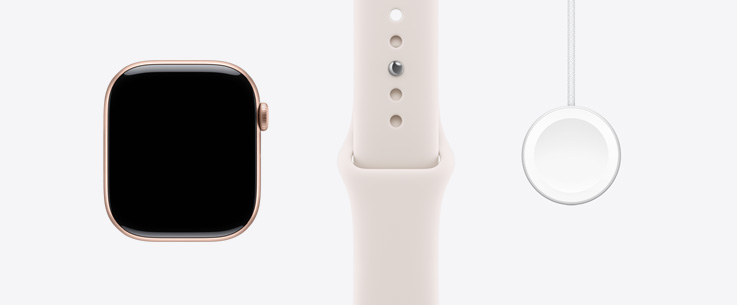 Apple Watch Series 11 z kopertą z aluminium w kolorze różowego złota, przód obudowy, wyświetlacz sięgający krawędzi, pasek sportowy w kolorze łagodnego różu, przewód USB‑C do szybkiego ładowania Apple Watch podłączany magnetycznie