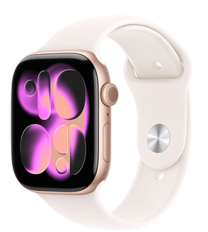 Apple Watch Series 11, cassa in alluminio color oro rosa, quadrante Responsive Art, lato destro, Digital Crown, microfono, tasto laterale, cinturino Sport rosa fard