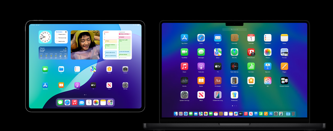 An iPad and a Mac displaying various app icons. The iPad shows several widgets, including Calendar, Weather and Photos.