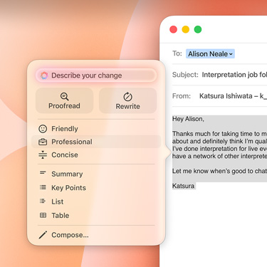 A business email featuring an Apple Intelligence prompt.