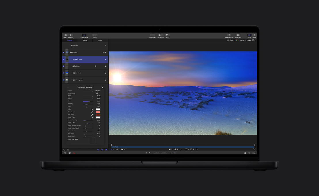 MacBook Pro 16, wide shot of snow-covered landscape with lens flare demonstration