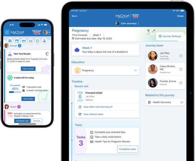 iPhone and iPad screens showing the Epic MyChart app.