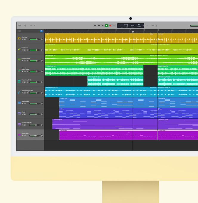 iMac amarilla. La pantalla muestra GarageBand