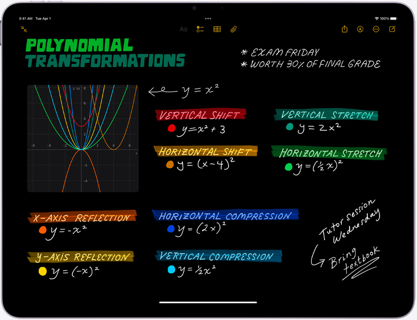 iPad Air, mode paysage, écran affichant Notes mathématiques