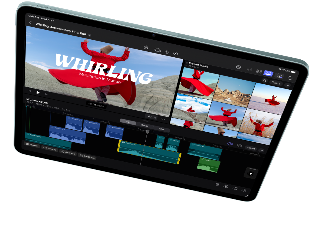 iPad Air w orientacji poziomej, widać proces montażu wideo w Final Cut Pro