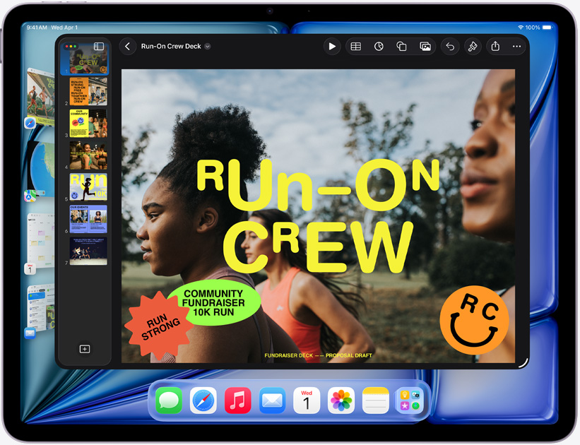 iPad Air w układzie poziomym, na ekranie widać prezentację Keynote