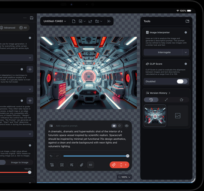 iPad Pro, prednja strana, prikazuje se uređivanje videoisječka futurističkog svemirskog broda pomoću različitih alata za uređivanje uz otvorene AI funkcije, uključujući Image Interpreter i CLIP Score