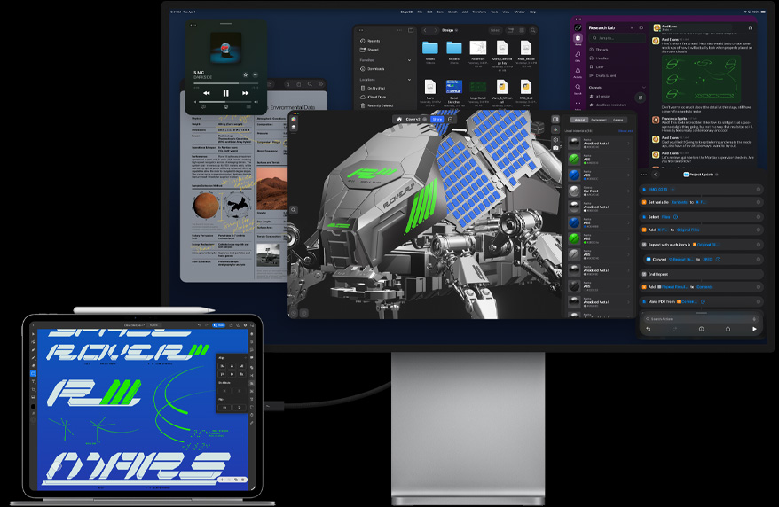 iPad Pro priključen na Magic Keyboard, prednja strana, sve je priključeno na vanjski Mac Studio Display, zaslon iPada Pro s aplikacijom za grafički dizajn, živopisnim bojama i tekstom, Studio Display prikazuje različite aplikacije i trodimenzionalni model