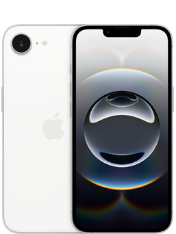 صورة أمامية لجهاز iPhone&nbsp;16e باللون الأبيض وصورة لعرض جزئي من الجهة الخلفية لجهاز iPhone&nbsp;16e تظهر الكاميرا.