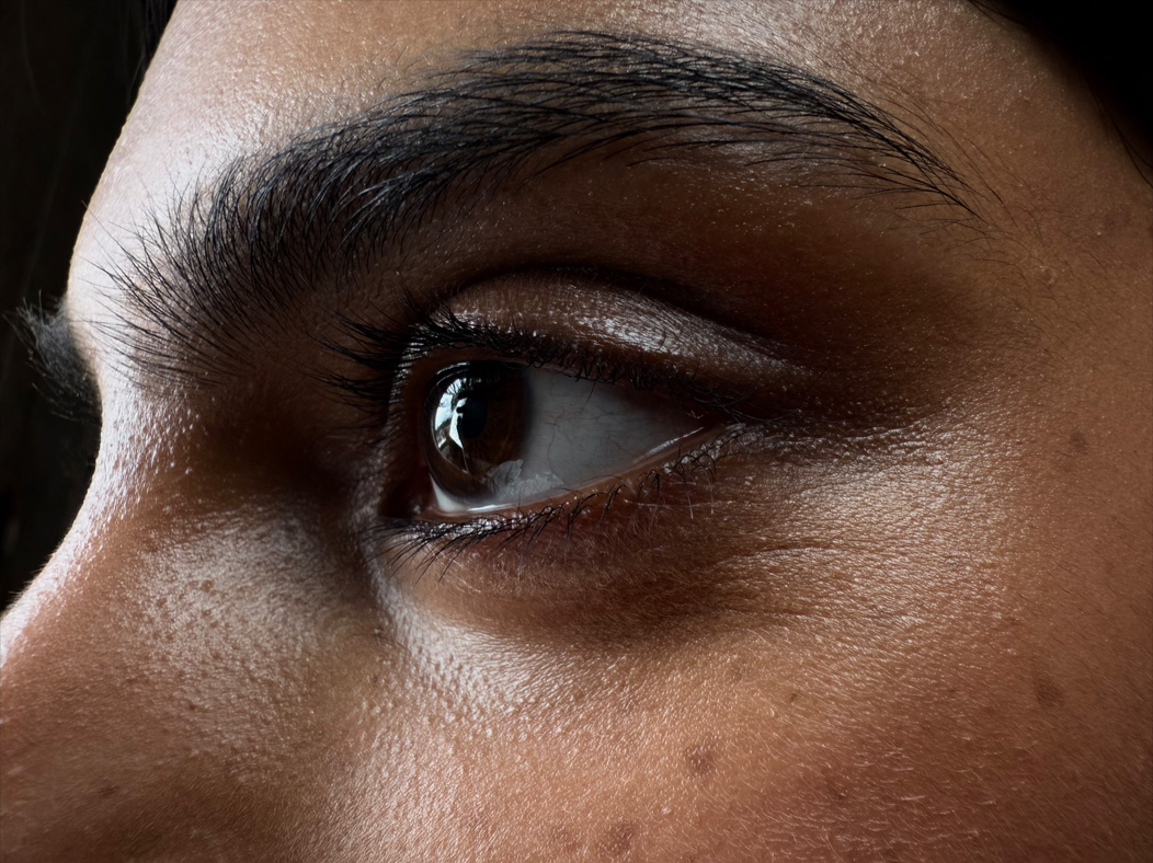 Eine Frau wird in einem leeren Raum fotografiert. Die Seitenansicht ist herangezoomt mit Fokus auf den Augen. Die Fotos App wechselt durch die Brennweiten, um die Möglichkeiten des Pro Kamera-Systems zu zeigen, hier: Makro