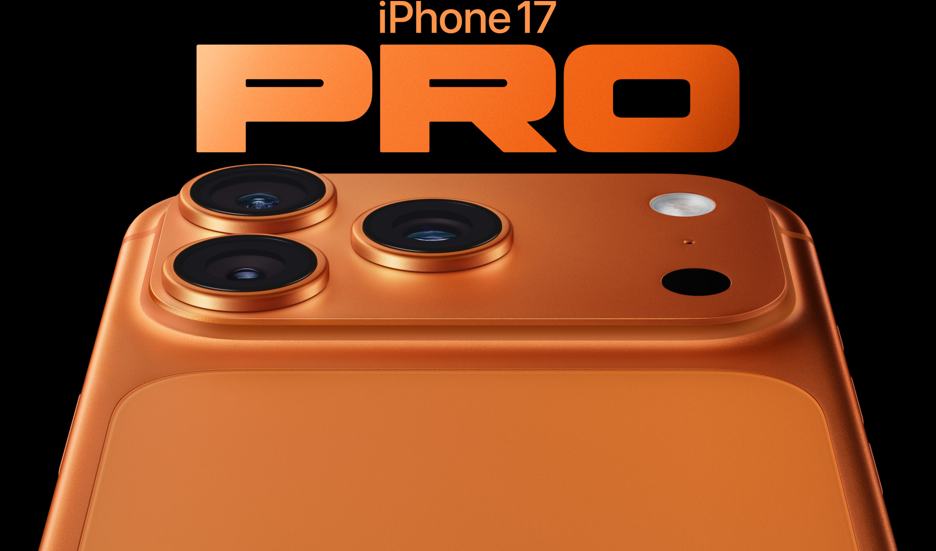 iPhone 17 Pro, Cosmic Orange, Teilansicht der Rückseite, Pro Kamera-System oben links, 3 Objektive, Mikrofon, Blitz