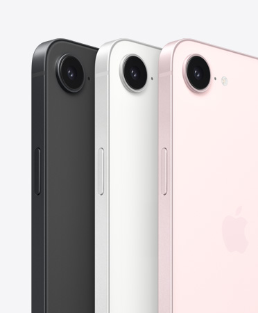 iPhone 17e, side and back exterior, black color, side and back exterior, white color, side and back exterior, soft pink color, Fusion camera at top, side button