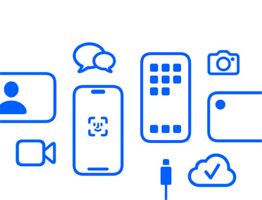 Apple devices and features, iCloud, iPhone with Face ID and charging cable, Camera, messaging, Messages