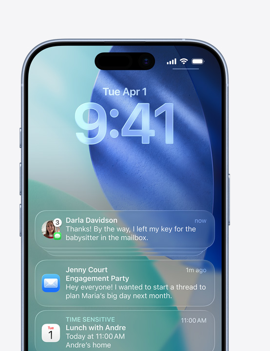 iPhone affichant des fenêtres contextuelles des apps Messages, Mail et Calendrier