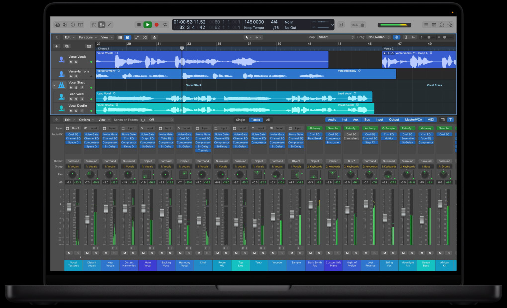 MacBook Pro 16 screen showing Mixing workspace with soundwave layers and various dials and settings at the bottom