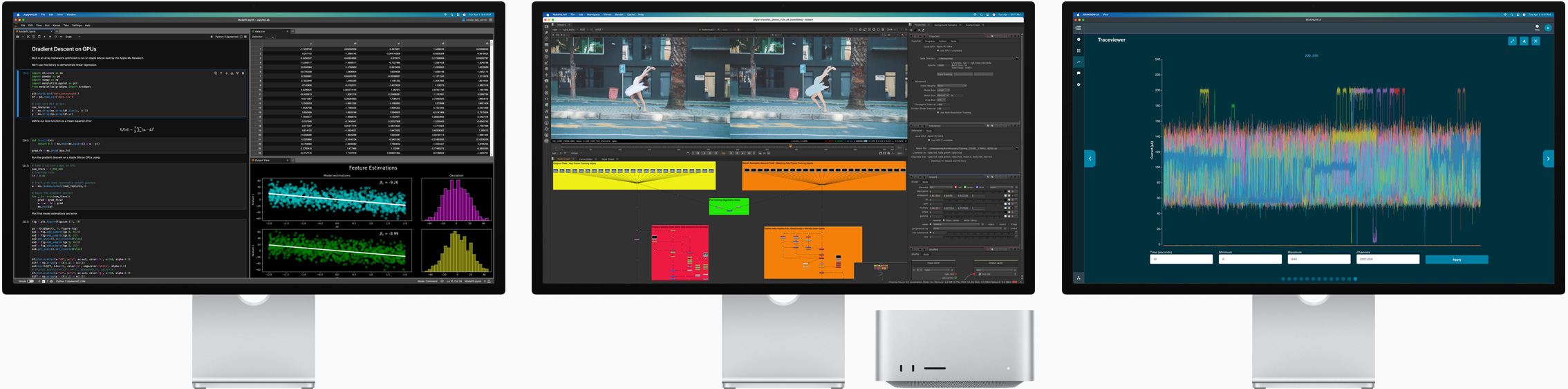 Una Mac Studio junto a tres monitores Studio Display, cada uno con una app de macOS diferente abierta