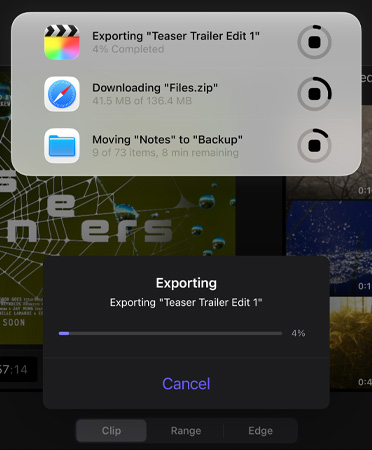 A list of Live Activities in progress and running simultaneously, list includes exporting a trailer, downloading large files, and moving “Notes” to “Backup”