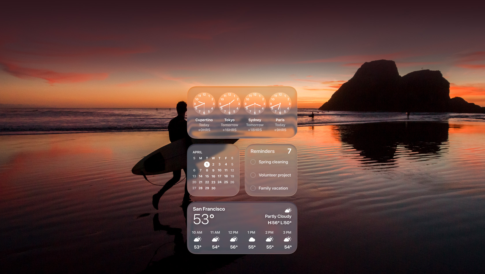 Liquid Glass Uhr, Kalender, Erinnerungen und Wetter Widgets liegen über dem Bild eines Surfers, der bei Sonnenuntergang über den Strand spaziert