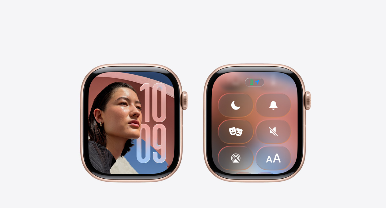 Apple Watch com caixa ouro rosa sem pulseira, o app Relógio no mostrador exibe o novo design com Liquid Glass no watchOS 26.