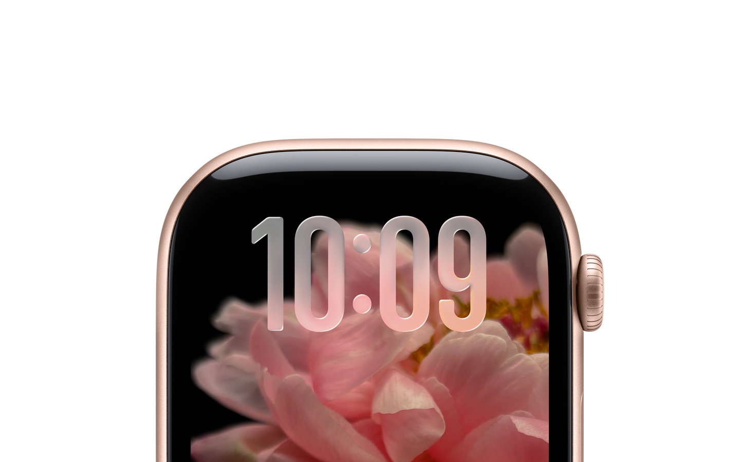 Apenas a parte superior do mostrador do Apple Watch com caixa ouro rosa, sem pulseira, com os números das horas translúcidos em Liquid Glass.