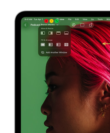 Fenster Steuerelemente mit roter Taste zum Schließen, gelber Taste zum Minimieren und grüner Taste zum Vergrößern sowie Optionen zum Verschieben und Ändern der Größe oder Anordnung der Fenster