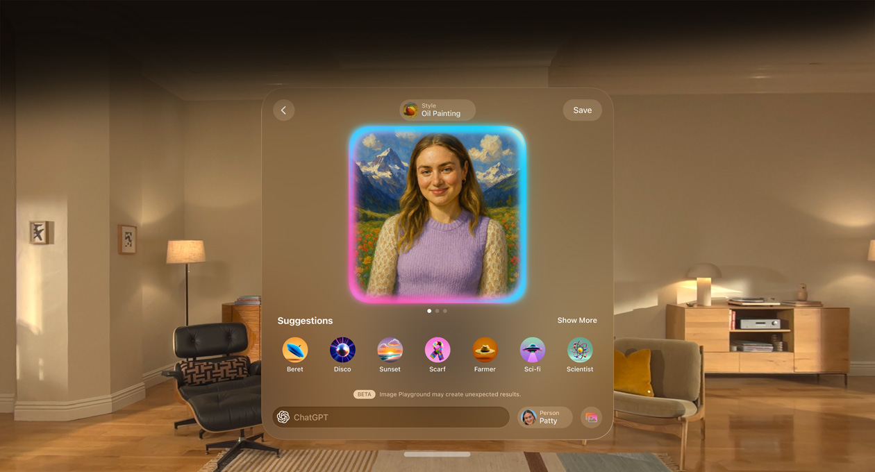 Apple Vision Pro Image Playground screen floating in room showing a Genmoji face