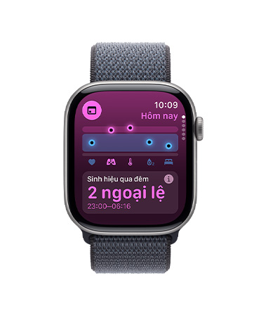 Apple Watch Series 11, space gray color, aluminum case, Vitals app, health score chart, overnight vitals outliers notification, right side exterior, Digital Crown, Sport Loop, dark gray color