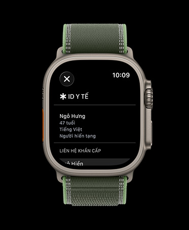 Apple Watch Ultra 3, natural color, titanium case, medical ID screen, Trail Loop, green/neon color